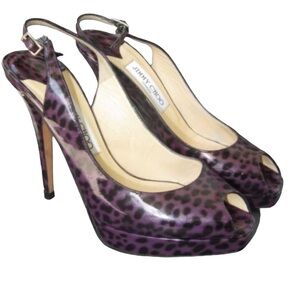 JIMMY CHOO Leopard Print Purple Patent Leather Peep Toe Slingback Heels Sz 38.5